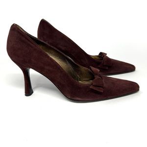 Vintage Stuart Weitzman Size 10 10B Brown Suede Leather Heel Bow Xcurve Pump